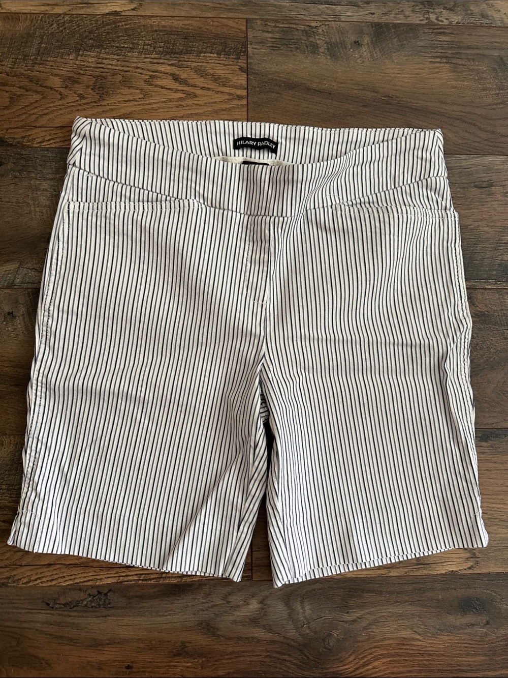 Hilary Radley Cream Shorts with dark navy Pinstripes